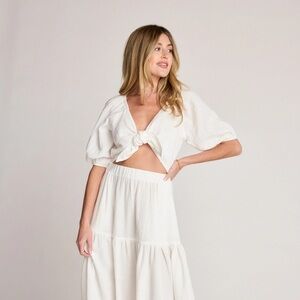 Sunday Ritual Cleo Top Ivory Muslin Cotton Crop Bubble Sleeve Tie Front Top S